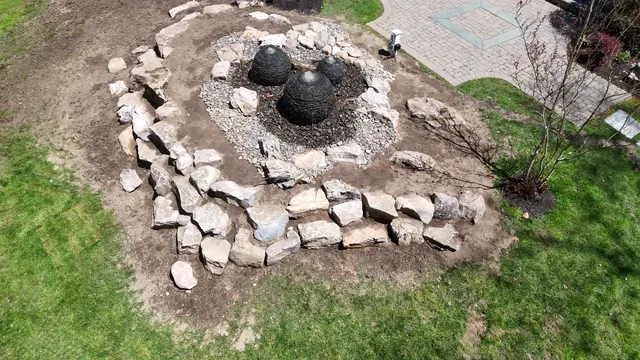 Overhead view of the finished fountain and flagstone surround after installation.